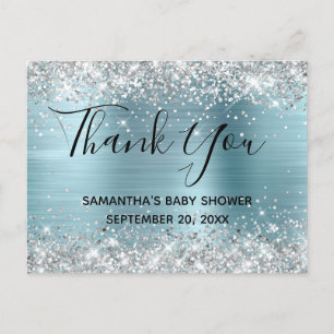 Silber Glitter Blau Folie Baby Shower Danke Postkarte