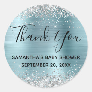 Silber Glitter Blau Folie Baby Shower Dankeschön Runder Aufkleber