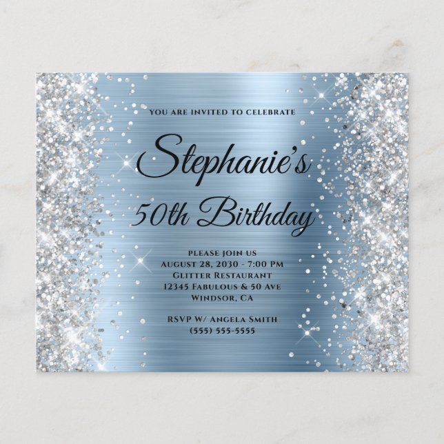 Silber Glitter Blau Folie Monogramm 50. Geburtstag Flyer (Vorne)