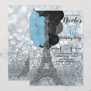 Silber Glitter Blaue Ballons Paris Eiffelturm Einladung