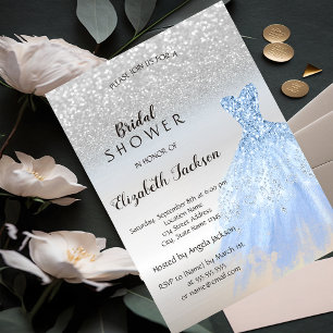 Silber-Glitter-Bokeh-Blaues Brautkleid Brautparty Einladung