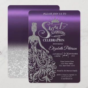 Silber Glitter Bokeh,Kleid,Tiara,Lila Sweet 17  Einladung