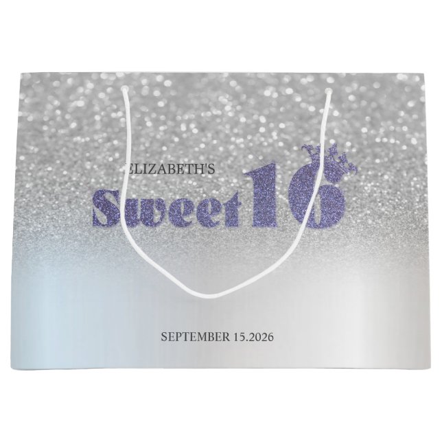 Silber Glitter Bokeh Sweet 16 Krone Große Geschenktüte (Vorderseite)