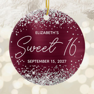 Silber Glitter Burgund Folie Fancy Sweet 16 Foto Keramik Ornament