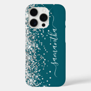 Silber Glitter dunkles Teal Girly Signature iPhone 16 Pro Hülle