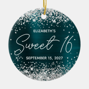 Silber Glitter dunkles Türkis fancy Sweet 16 Foto Keramik Ornament