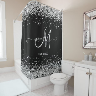 Silber-Glitter-Familienmonogramm Schwarz Duschvorhang