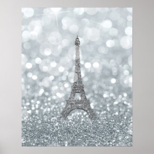 Silber Glitter Funkeln Bling Eiffelturm Glamour Poster