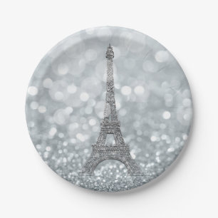 Silber Glitter Funkeln Bling Eiffelturm Party Pappteller