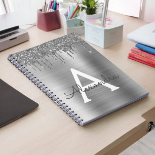 Silber Glitter Gebürsteter Metall-Monogramm-Name Notizblock