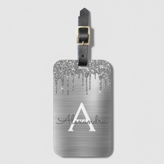 Silber Glitter Gebürstetes Metall Monogramm Name Gepäckanhänger (Vorderseite Vertikal)