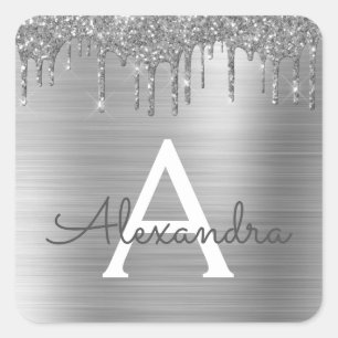 Silber Glitter Gebürstetes Metall Monogramm Name Quadratischer Aufkleber