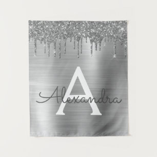 Silber Glitter Gebürstetes Metall Monogramm Name Wandteppich