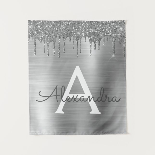 Silber Glitter Gebürstetes Metall Monogramm Name Wandteppich (Vorderseite)