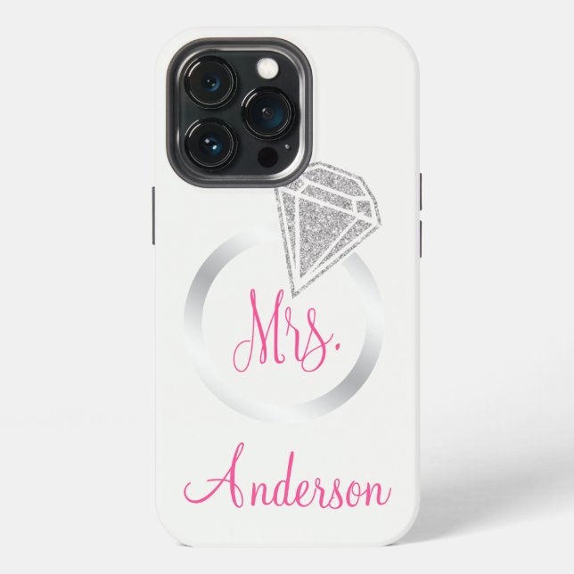 Silber Glitter Glam Ring Mrs Braut Initial Name iPhone Hülle (Hinten)