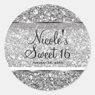Silber Glitter Glam Sweet 16 Benutzerdefinierte Pa Runder Aufkleber