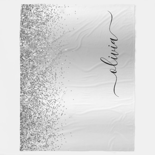 Silber Glitter Glanz Metall Monogramm Name Fleecedecke (Vorderseite)