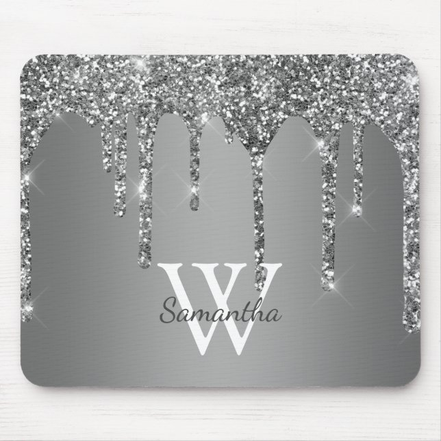 Silber Glitter Glanz Tropfen Folie Monogramm Name Mousepad (Vorne)