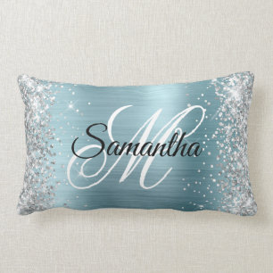 Silber Glitter Glänzend Hellblau Folie Monogramm Lendenkissen