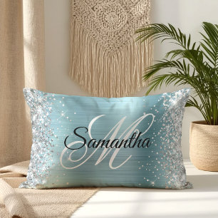 Silber Glitter Glänzend Hellblau Folie Monogramm Lendenkissen