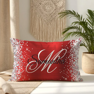 Silber Glitter Glänzendes Rotes Folien-Monogramm Lendenkissen