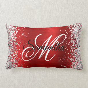 Silber Glitter Glänzendes Rotes Folien-Monogramm Lendenkissen