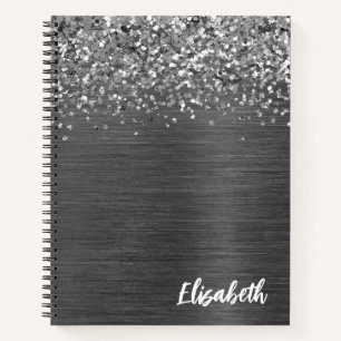 Silber Glitter Grau Gebürstetes Metall Monogramm Notizbuch