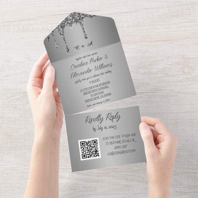 Silber Glitter Grau Schrift RSVP QR Code All In One Einladung (Abreißen)