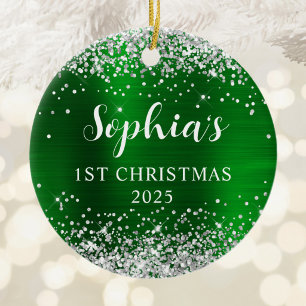 Silber Glitter Grün Falsche Folie 1. Weihnachten F Keramik Ornament