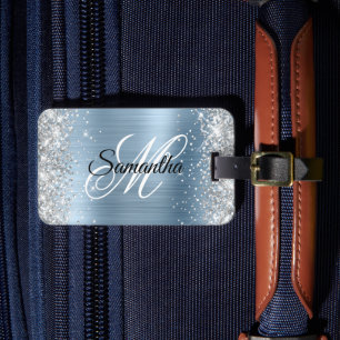 Silber Glitter Hellblau Folie Fancy Monogramm Gepäckanhänger