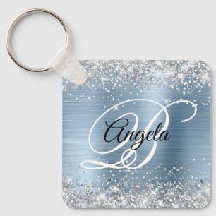 Silber Glitter Hellblau Folie Fancy Monogramm Schlüsselanhänger