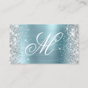 Silber Glitter Hellblau Folie Fancy Monogrammiert Visitenkarte