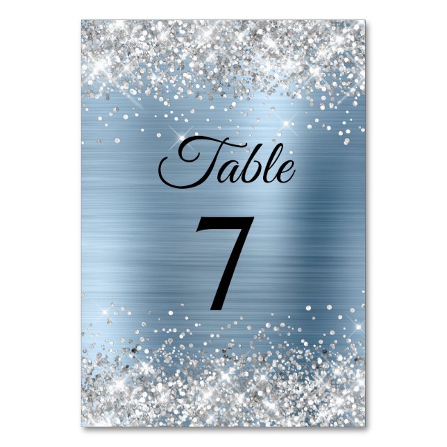 Silber Glitter Hellblau Folie Tischnummer (Vorderseite)