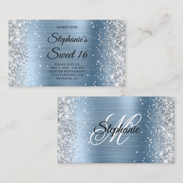 Silber Glitter Hellblau Monogramm Sweet 16 Eintrit Begleitkarte (Vorne/Hinten)