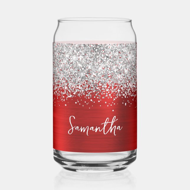 Silber Glitter Helles Rot Glam Name Dosenglas (Vorderseite)