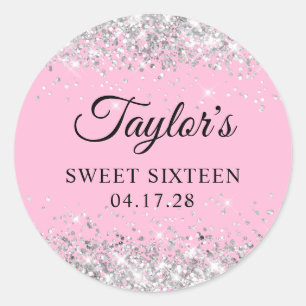 Silber Glitter Hellrosa Sweet Sixteen Runder Aufkleber