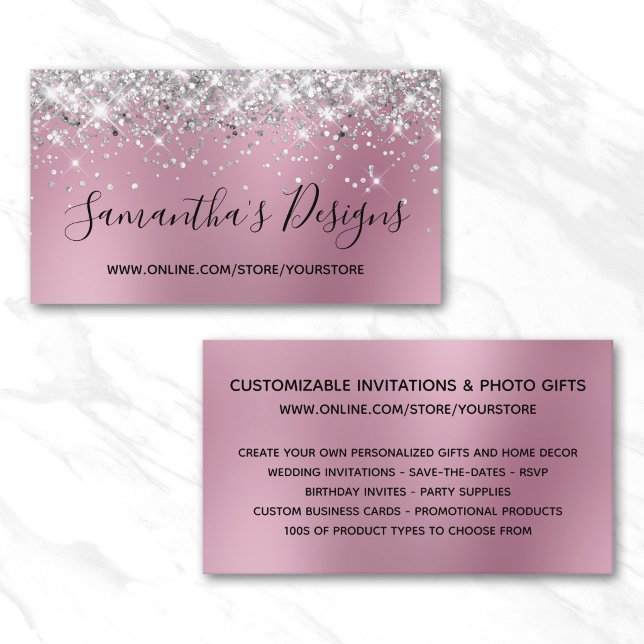 Silber Glitter Hellrosa Unschärfe Online-Shop Visitenkarte (Silver Glitter Light Pink Blur Online Store Business Card)