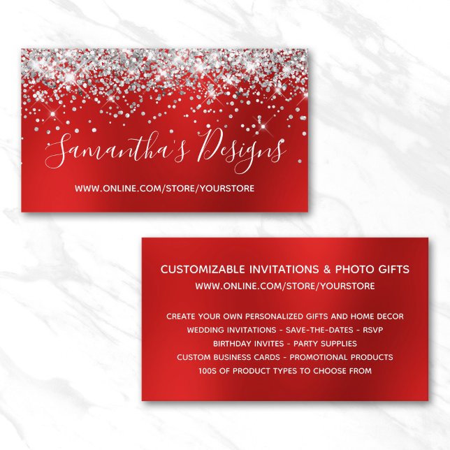 Silber-Glitter-Hellrot-Blur-Online-Shop Visitenkarte (Silver Glitter Bright Red Blur Online Store Business Card)