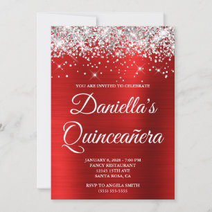 Silber-Glitter-Hellroter-Folie-Quinceañera-Einladu Einladung