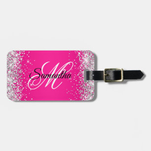 Silber Glitter Hot Pink Fancy Monogramm Gepäckanhänger