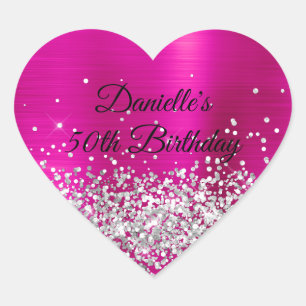 Silber Glitter Hot Pink Folie 50. Geburtstag Herz-Aufkleber