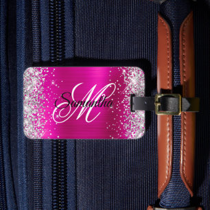 Silber Glitter Hot Pink Folie Fancy Monogramm Gepäckanhänger