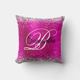 Silber Glitter Hot Pink Folie Fancy Monogramm Kissen