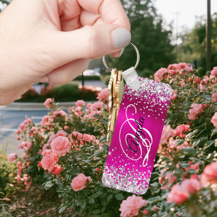 Silber Glitter Hot Pink Folie Fancy Monogramm Schlüsselanhänger