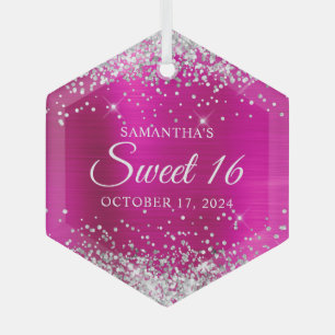 Silber Glitter Hot Pink Folie Sweet 16 Ornament Aus Glas