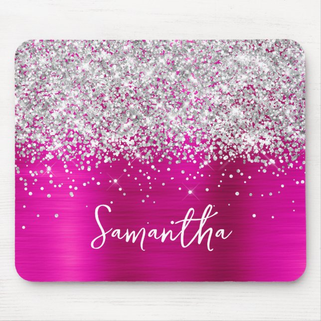 Silber Glitter Hot Pink Glam Name Mousepad (Vorne)