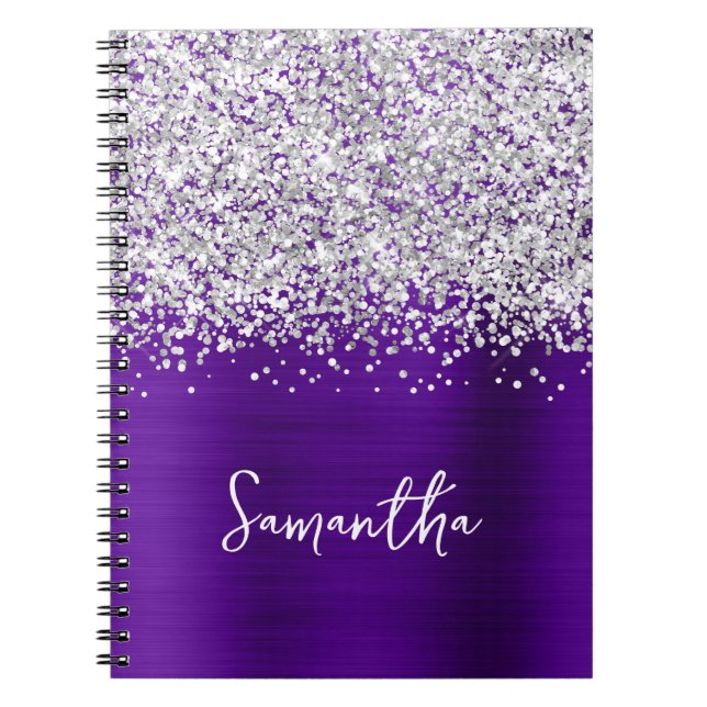 Silber Glitter Indigo Lila Glam Schrift Name Notizblock (Vorderseite)