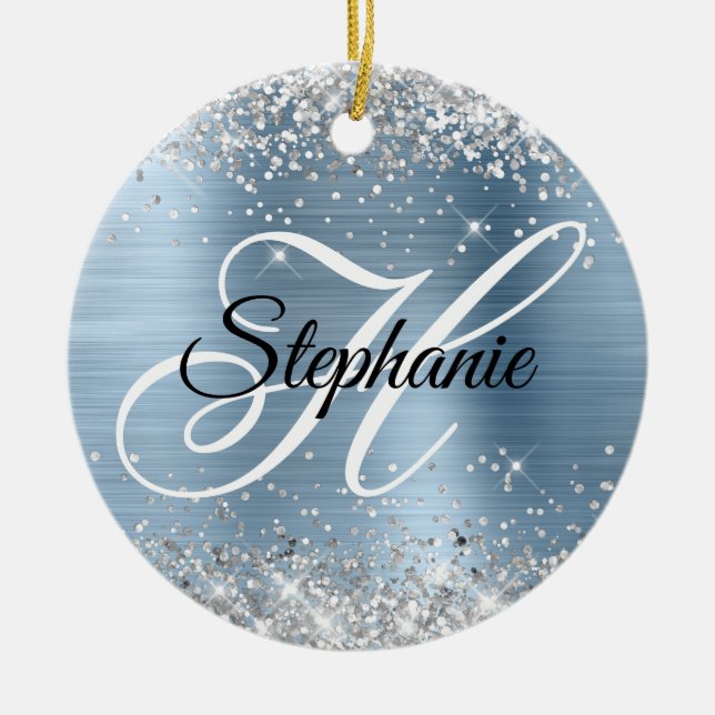Silber Glitter Light Blau Folie Fancy Monogramm Keramik Ornament (Vorne)