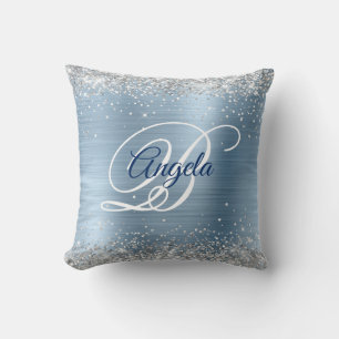 Silber Glitter Light Blue Folie Fancy Monogramm Kissen
