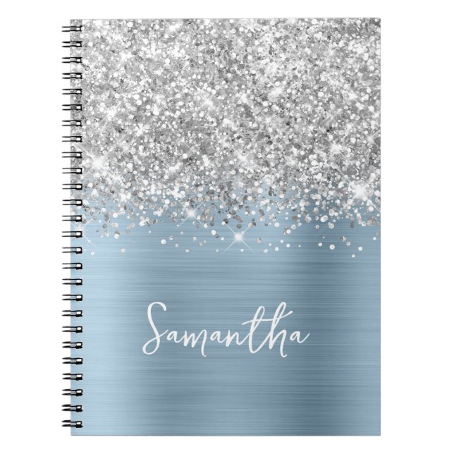 Silber Glitter Light Dusty Blau Glam Schrift Name Notizblock (Vorderseite)
